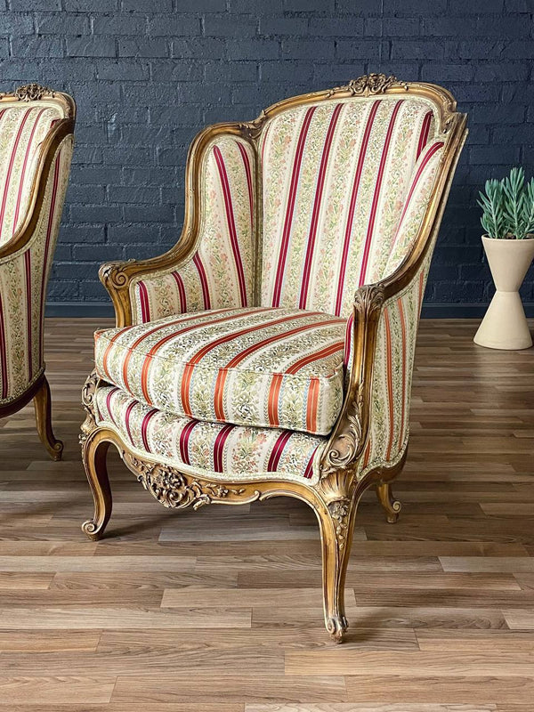 Pair of French Louis XV Style Giltwood Bergère Armchairs, c.1940’s