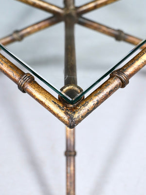 Vintage French Hollywood Regency Faux Bamboo Gilt Iron & Glass Side Table, c.1960’s