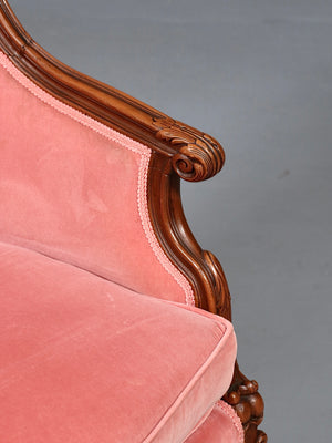 Antique Victorian Rococo Revival Carved Walnut & Velvet Wingback Chair, c.1950’s
