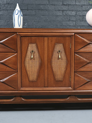 Mid-Century Modern Sculpted Dresser w/ Cane & Brass Accents, c.1960’s