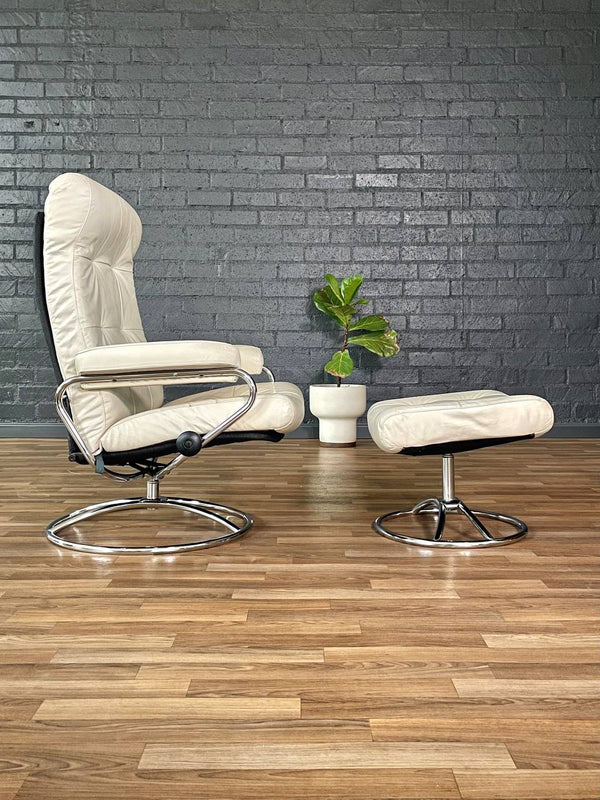 Ekornes Stressless Beige Leather & Chrome Reclining Swivel Lounge Chair w/ Ottoman, c.1970’s