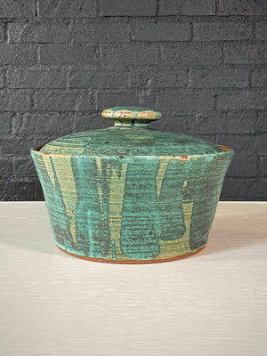 Mid-Century Studio Pottery Lidded Vessel w/ Dripped Green Glaze, c.1960’s