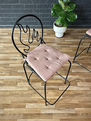 Pair of Post Modern Memphis-Style Wrought Iron Barstools w/ Flame Backrest, c.1980s