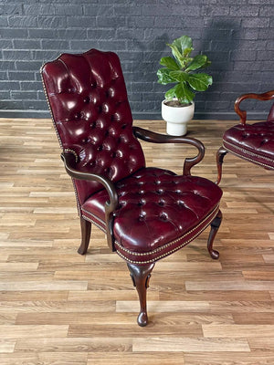 Pair of English Chippendale Style Button Tufted Leather Arm Chairs, c.1960’s