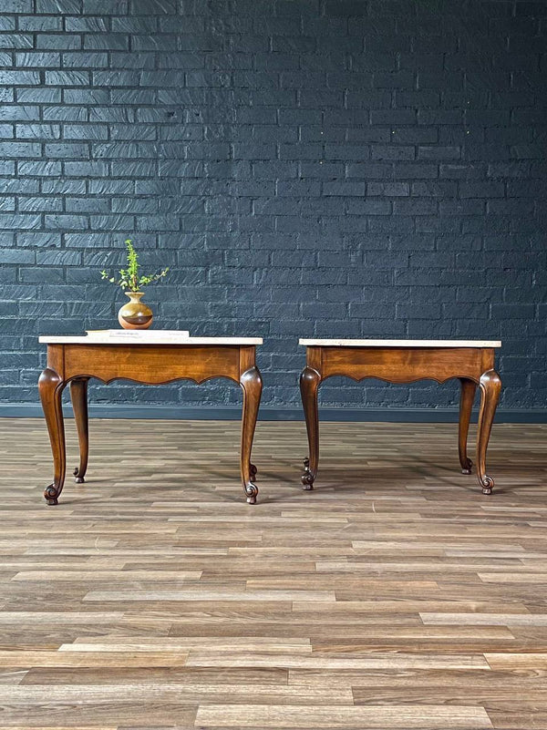 Pair of French Provincial Style Side Tables w/ Travertine Tops by Crown City Table Co., c.1960’s