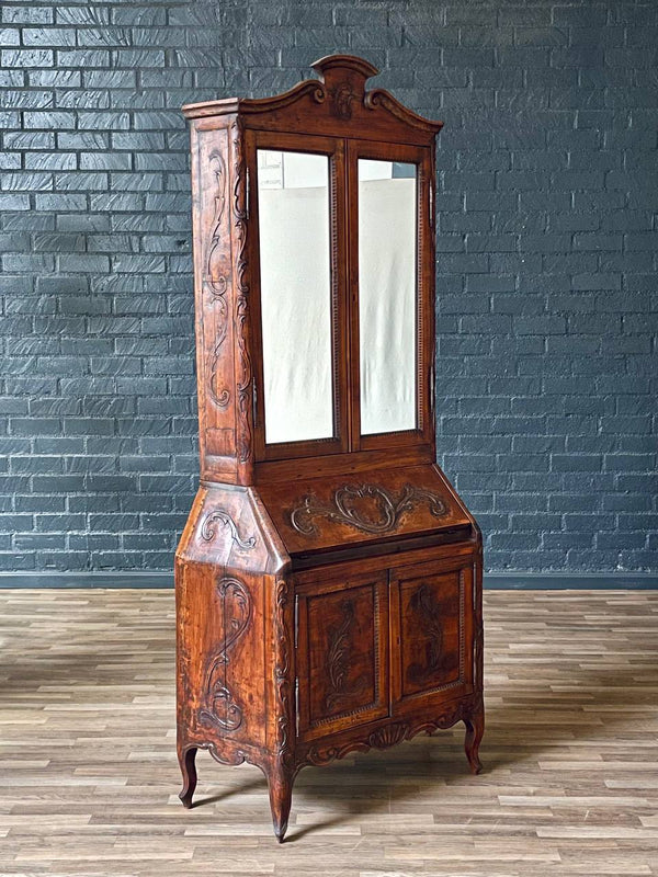 Antique French Provincial Louis XV Style Carved Secretary Cabinet w/ Mirrored Doors, c.1890’s