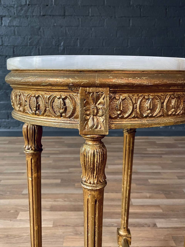French Louis XVI Style Giltwood Side Table w/ Oval Onyx Top, c. 1940’s