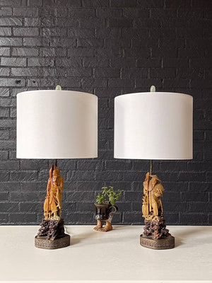 Pair of Mid-Century Carved Soapstone Chinese Fisherman Table Lamps w/ Decorative Brass Bases, c.1960’s