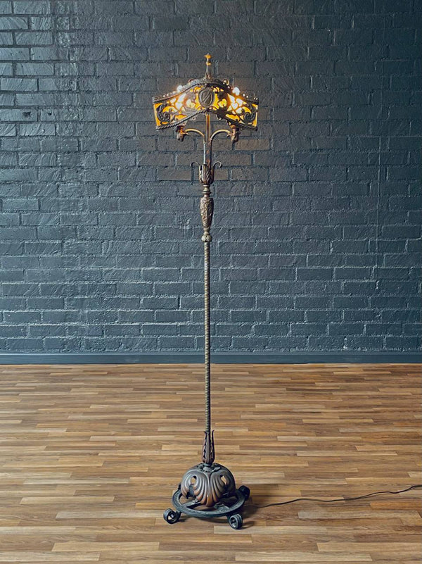Early 20th Century Spanish Revival Floor Lamp w/ Amber Mica Panels & Cast Iron Details