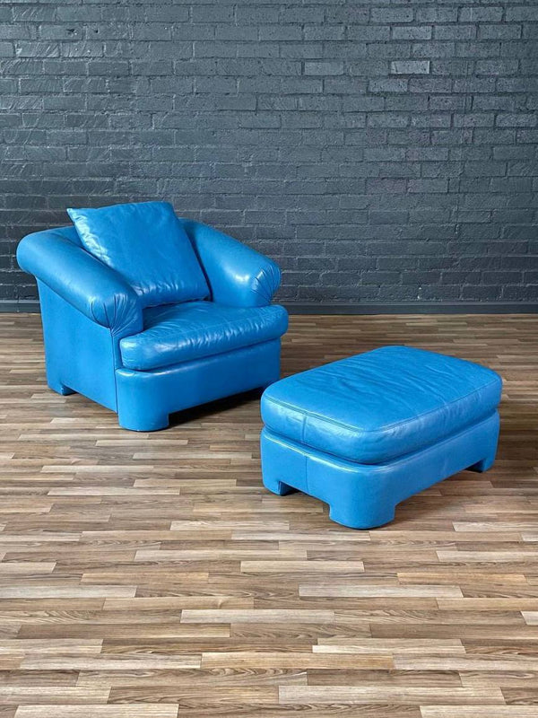 Vintage Post Modern Blue Leather Lounge Chair w/ Ottoman, c.1980’s