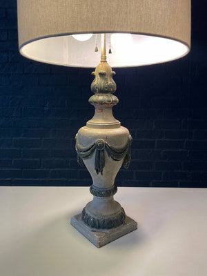 Pair of Antique Italian Neoclassical Carved Wood Urn Table Lamps w/ Draped Garlands, c.1920’s