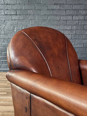Vintage French Art Deco Style Leather Club Chair w/ Patinated Cognac