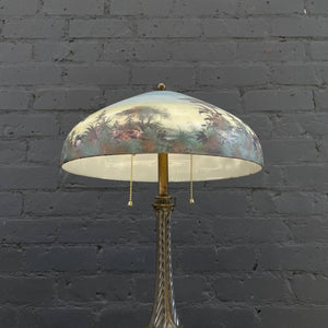 Antique Bronze Table Lamp & Original Painted Glass  Shade, c.1930’s