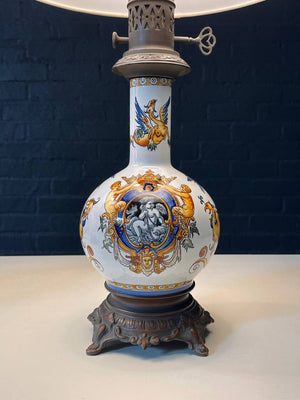 Pair of Italian Majolica Hand-Painted Table Lamps w/ Mythological Motifs, c.1950s