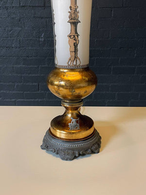 French Neoclassical Style Reverse Painted Glass w/ Classical Male Figural Motifs Table Lamp, c.1930’s