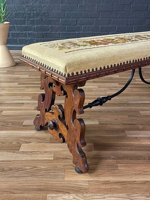 Vintage Spanish Baroque Carved Mahogany Bench, c.1950’s