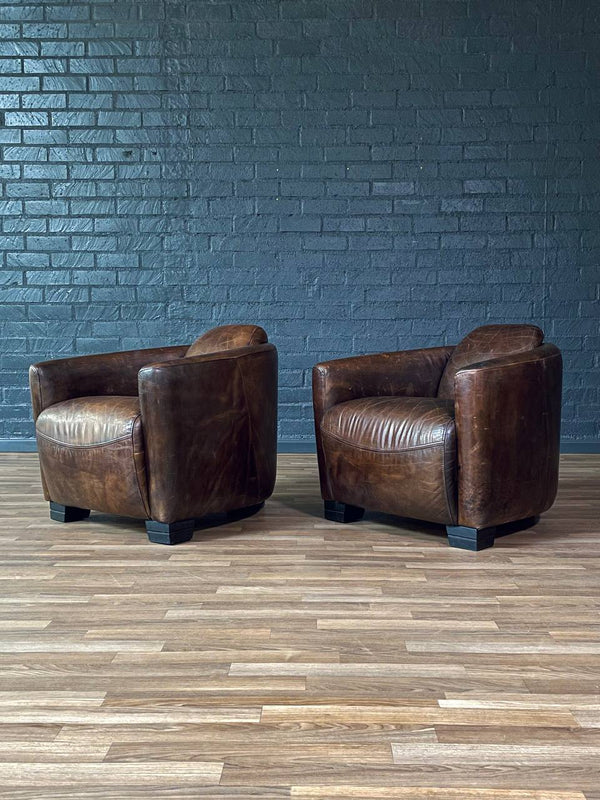 Pair of French Contemporary Art Deco Style Leather Club Chairs