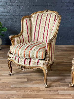 Pair of French Louis XV Style Giltwood Bergère Armchairs, c.1940’s