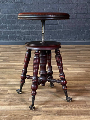 Victorian Mahogany Adjustable Piano Stool w/ Ball & Claw Glass Feet, c.1930’s