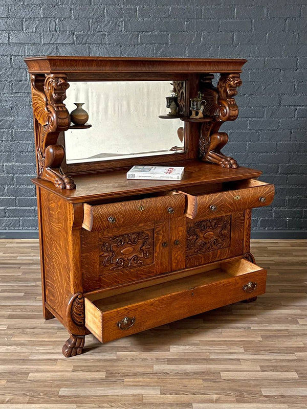 Antique American Quarter-Sawn Oak Sideboard w/ Winged Griffin Carvings, c.1920’s