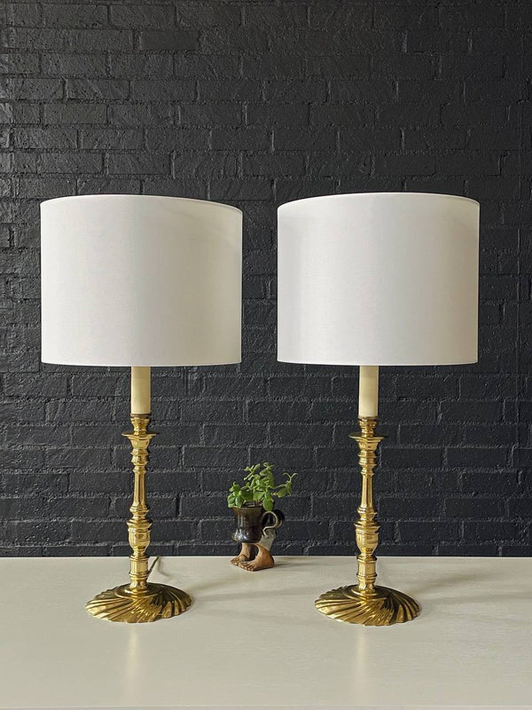 Pair of Spiral Decorated Queen Anne Brass Candlesticks Style Table Lamps, c.1970’s