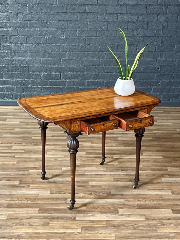 Antique Rosewood & Burl Wood Writing Desk / Entry Table w/ Turned Legs & Inlay, 1900’s