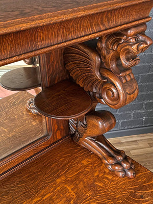 Antique American Quarter-Sawn Oak Sideboard w/ Winged Griffin Carvings, c.1920’s