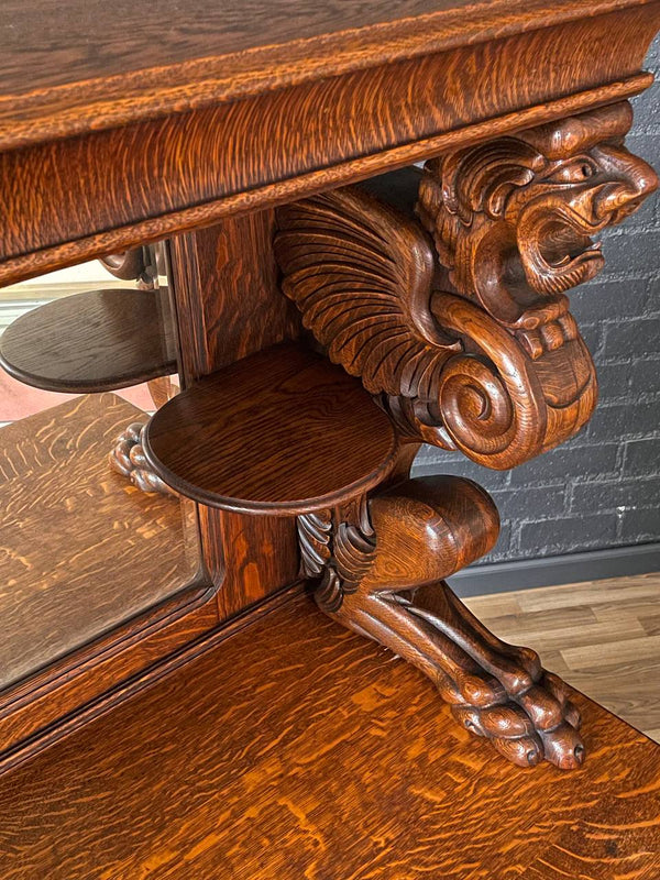 Antique American Quarter-Sawn Oak Sideboard w/ Winged Griffin Carvings, c.1920’s