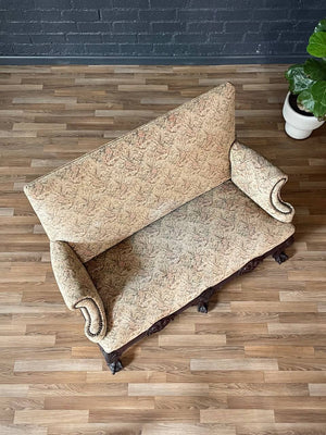 Antique Chippendale Revival Carved Mahogany Loveseat w/ Ball & Claw Feet, c.1930s