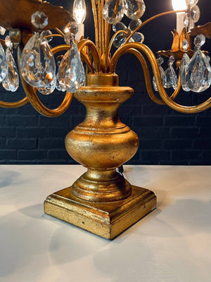 Italian Gilt Tole Floral Crystal Candelabra Table Lamp, c.1950’s