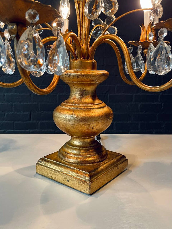 Italian Gilt Tole Floral Crystal Candelabra Table Lamp, c.1950’s