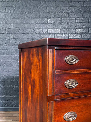 Vintage Federal Revival Mahogany Highboy Dresser w/ Brass Pulls, c.1950s
