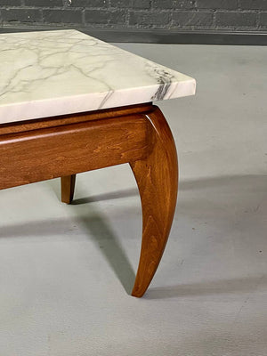 Italian Mid Century Modern White Veined Marble & Wood Side Table , c.1960's