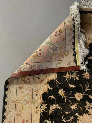 Persian-Style Black & Ivory Floral Medallion Rug with Inscription