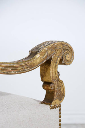 Italian Gold-Leaf Carved Giltwood & Linen Sofa