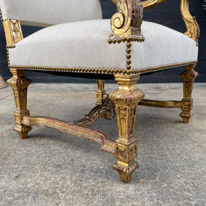 Pair of Italian Giltwood & Linen Arm Chairs