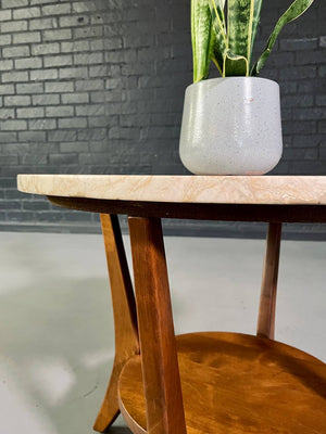 American Mid-Century Modern Wood & Marble Round Side Table, c.1960's