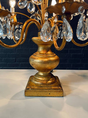 Italian Gilt Tole Floral Crystal Candelabra Table Lamp, c.1950’s