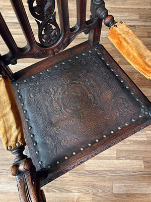 English Baroque Oak & Tooled Leather Armchair w/ Barley Twist Legs, c.1910’s