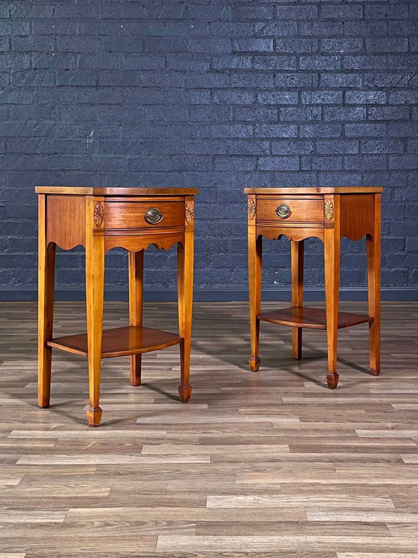 Pair of American Federal Mahogany Night Stands w/ Carved Rosettes & Brass Pulls, c.1950’s
