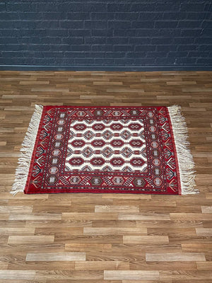 Vintage Bokhara Wool Rug – Hand-Knotted Turkmen Design in Red & Ivory c.1970’s