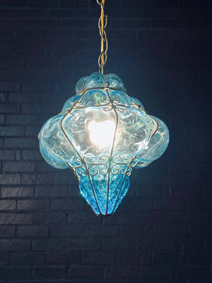 Pair of Vintage Turquoise Bubble Glass & Gilt-Metal Pendant Lantern Lights, c.1960’s