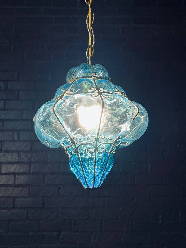 Pair of Vintage Turquoise Bubble Glass & Gilt-Metal Pendant Lantern Lights, c.1960’s