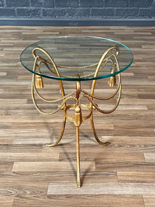 Italian Hollywood Regency Gilt Metal Rope & Tassel Side Table w/ Glass Top, c.1960’s