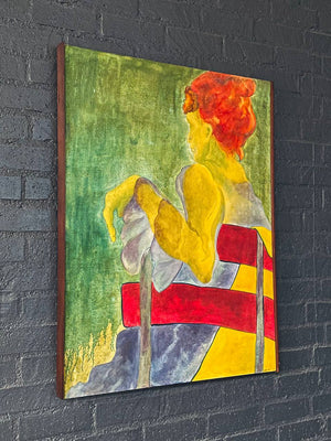 Seated Woman in Red Chair – Modernist Expressionist Painting by Jūratė, c.1975