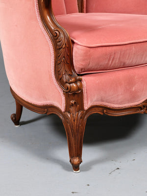 Antique Victorian Rococo Revival Carved Walnut & Velvet Wingback Chair, c.1950’s
