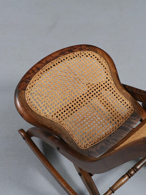 American Victorian Folding Cane Rocking Chair w/ Carved Rose Crest, c.1920's
