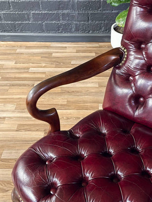 Pair of English Chippendale Style Button Tufted Leather Arm Chairs, c.1960’s