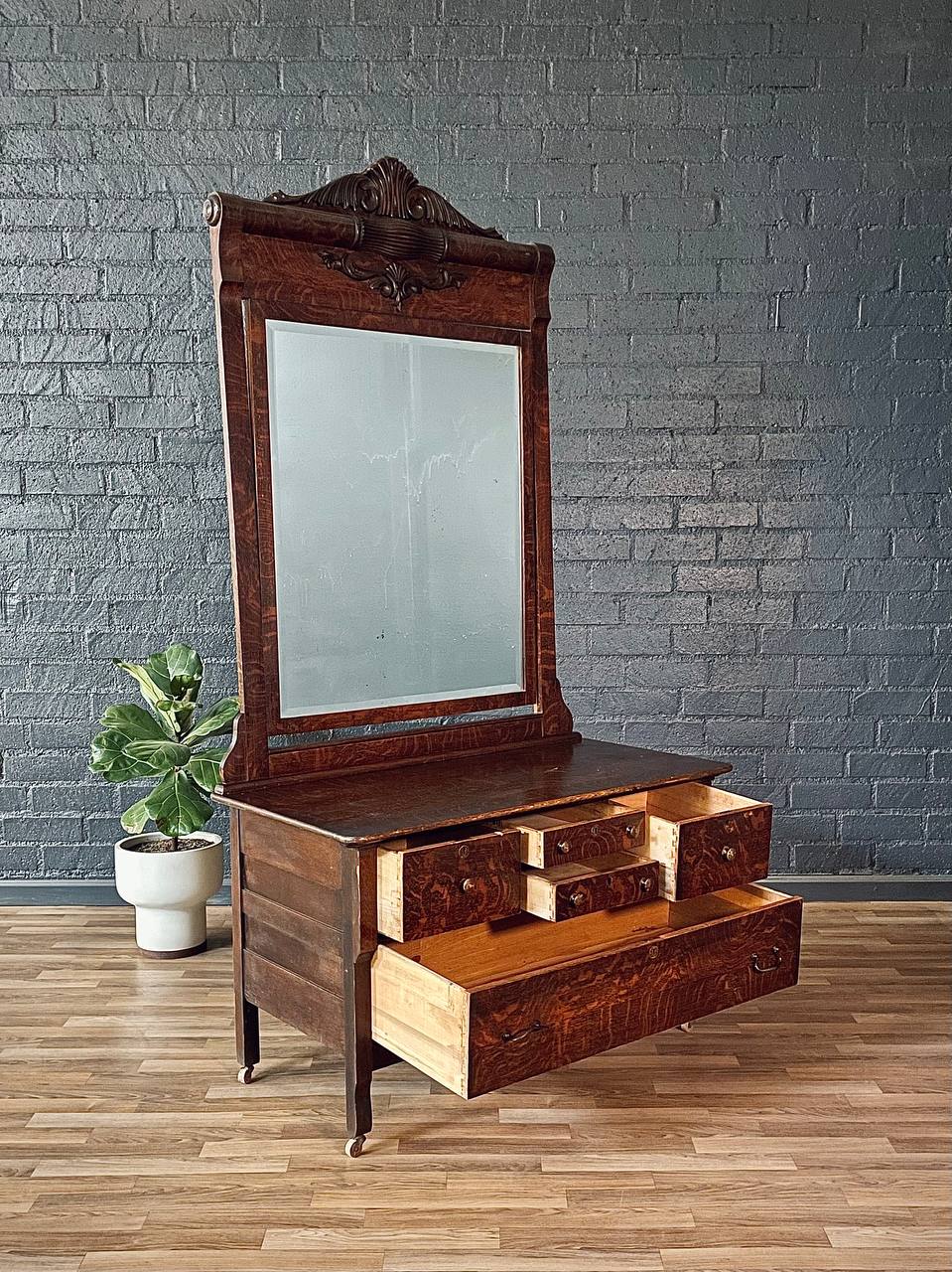 antique mirror dresser Antique Victorian Eastlake Tiger Oak Dresser with Beveled Mirror, c.19 – Vintage Supply