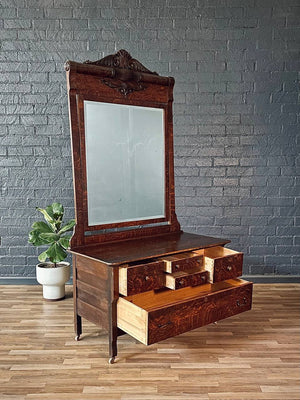 Antique Victorian Eastlake Tiger Oak Dresser with Beveled Mirror, c.1920’s